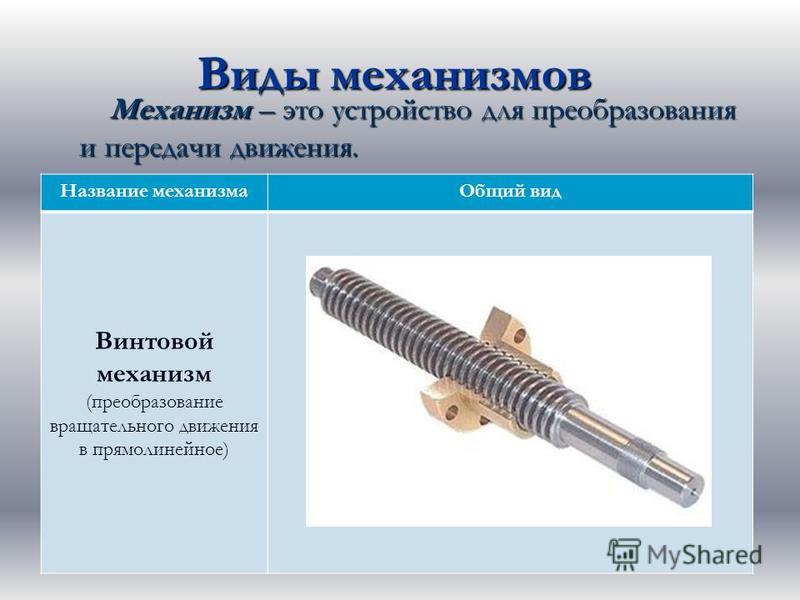 Какие основные механизмы. Винтовой механизм преобразования движения. Виды механизмов. Понятие механизм. Назовите виды механизмов.