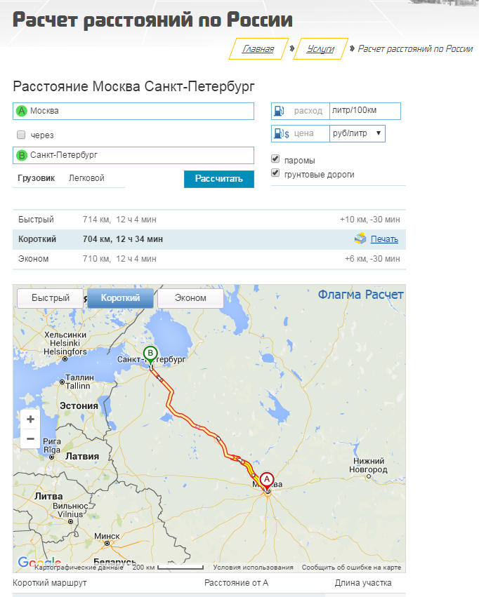 Определить расстояние между городами