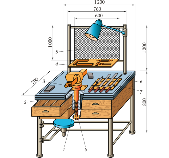 Рабочее место слесаря. Слесарный верстак с регулируемыми по высоте тисками. Рис 1.1. Слесарный верстак. Слесарный верстак с регулируемыми по высоте тисками рисунок 1.