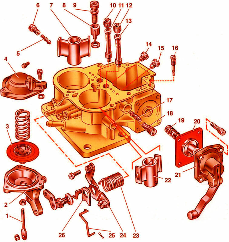Детали корпуса карбюратора 2107-1107010 на схеме
